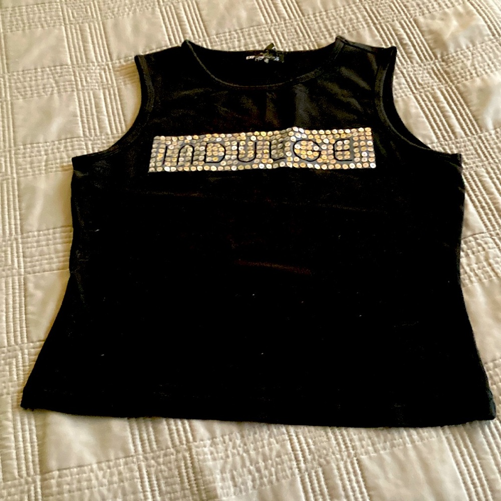 Express Black Top with sequined “indulge”Logo
